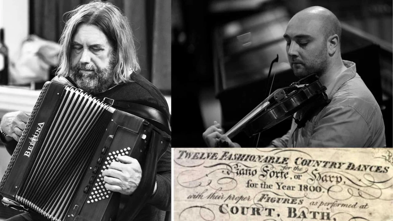 The two course leaders photographed separately in black and white. Paul Hutchinson has shoulder length hair, has a beard and is playing an accordion. John Dipper has a close shaved head, some facial hair and is playing a violin.