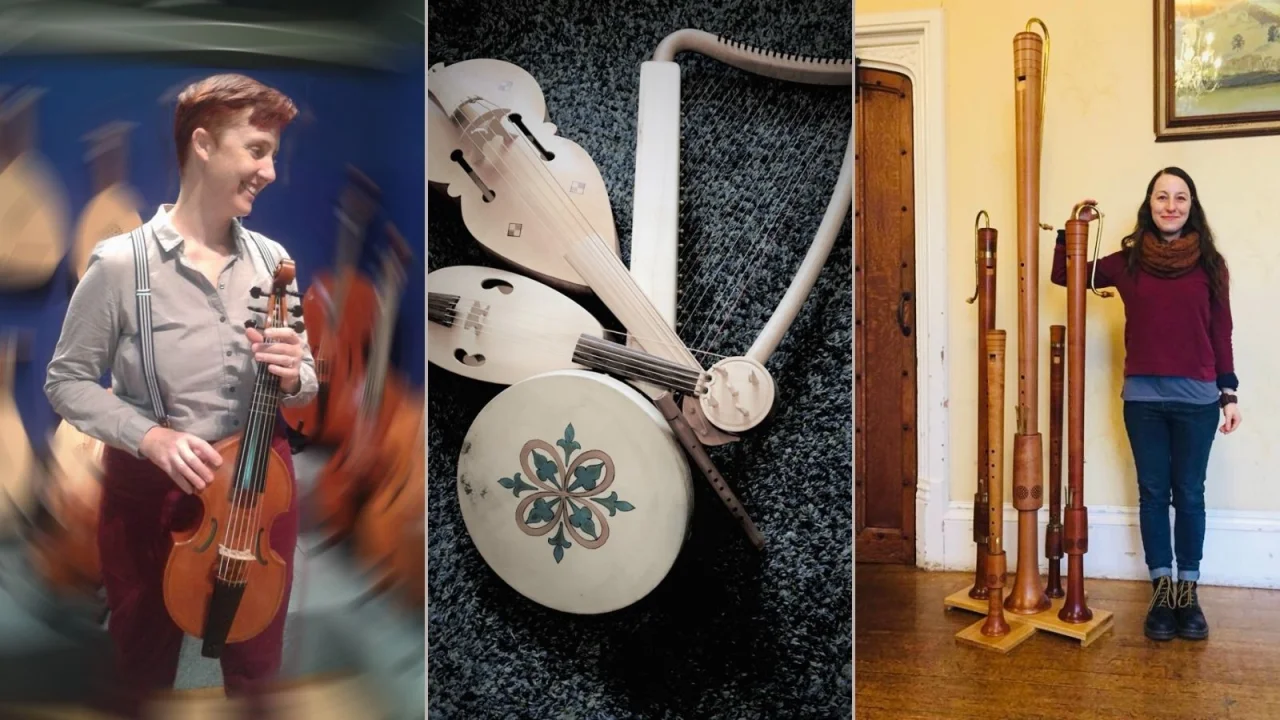 A composite of 3 photos, with medieval instruments and course leaders.
